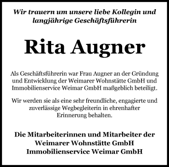 Traueranzeige von Rita Augner von Thüringer Allgemeine, Thüringische Landeszeitung