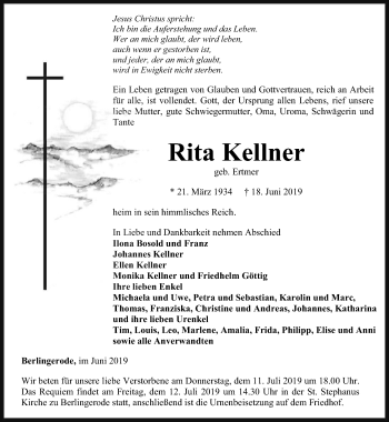Traueranzeige von Rita Kellner von Thüringer Allgemeine