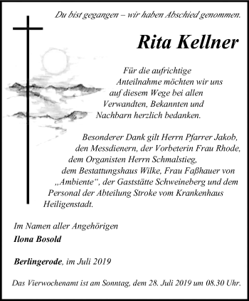 Traueranzeige von Rita Kellner von Thüringer Allgemeine