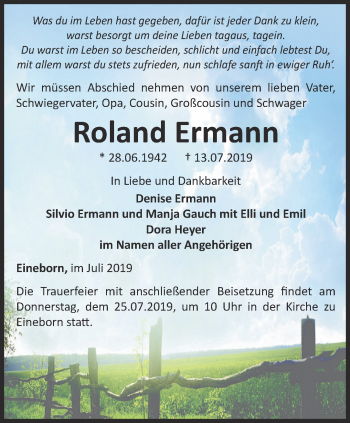 Traueranzeige von Roland Ermann von Ostthüringer Zeitung