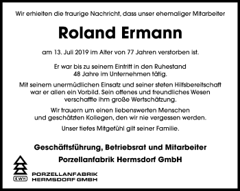 Traueranzeige von Roland Ermann von Ostthüringer Zeitung