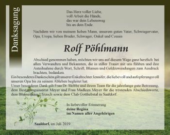 Traueranzeige von Rolf Pöhlmann von Ostthüringer Zeitung