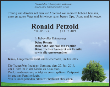 Traueranzeige von Ronald Petzold von Ostthüringer Zeitung