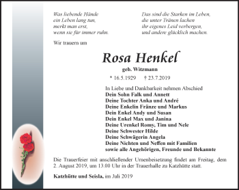 Traueranzeige von Rosa Henkel von Ostthüringer Zeitung