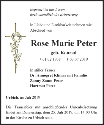 Traueranzeige von Rose Marie Peter von Thüringer Allgemeine, Thüringische Landeszeitung