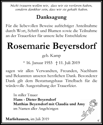 Traueranzeige von Rosemarie Beyersdorf von Thüringer Allgemeine