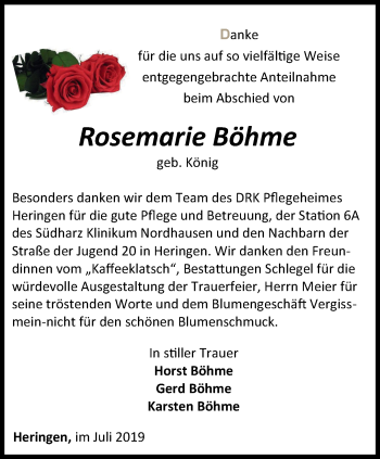 Traueranzeige von Rosemarie Böhme von Thüringer Allgemeine