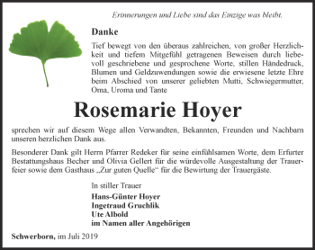 Traueranzeige von Rosemarie Hoyer von Thüringer Allgemeine, Thüringische Landeszeitung