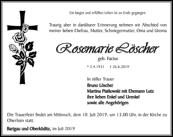 Traueranzeige von Rosemarie Löscher von Ostthüringer Zeitung