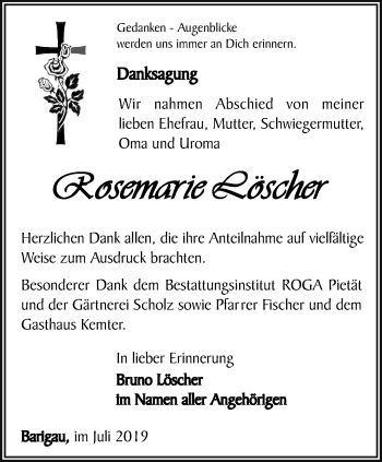 Traueranzeige von Rosemarie Löscher von Ostthüringer Zeitung