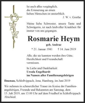 Traueranzeige von Rosmarie Heym von Thüringer Allgemeine