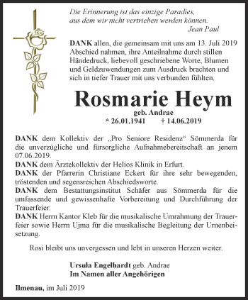 Traueranzeige von Rosmarie Heym von Thüringer Allgemeine