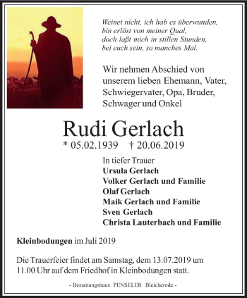 Traueranzeige von Rudi Gerlach von Thüringer Allgemeine