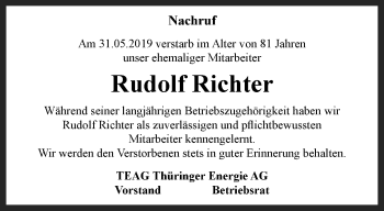 Traueranzeige von Rudolf Richter von Ostthüringer Zeitung, Thüringische Landeszeitung