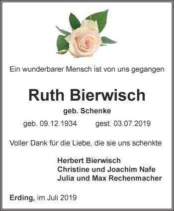 Traueranzeige von Ruth Bierwisch von Ostthüringer Zeitung