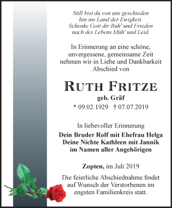 Traueranzeige von Ruth Fritze von Ostthüringer Zeitung