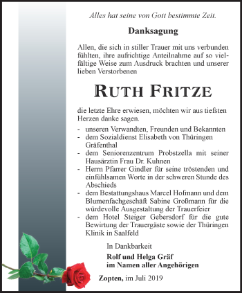 Traueranzeige von Ruth Fritze von Ostthüringer Zeitung