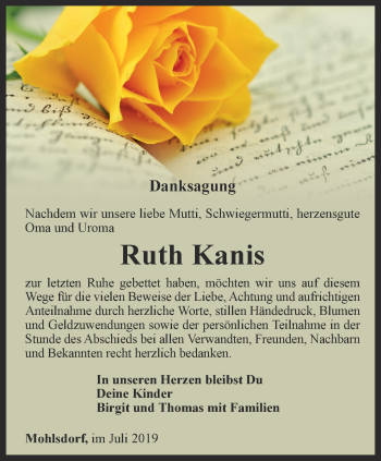 Traueranzeige von Ruth Kanis von Ostthüringer Zeitung