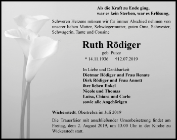 Traueranzeige von Ruth Rödiger von Thüringer Allgemeine, Thüringische Landeszeitung