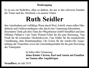 Traueranzeige von Ruth Seidler von Thüringer Allgemeine