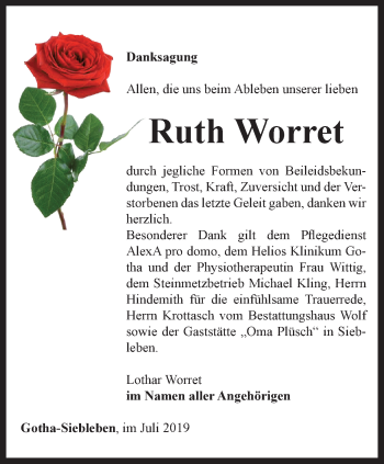 Traueranzeige von Ruth Worret von Ostthüringer Zeitung, Thüringische Landeszeitung