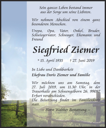 Traueranzeige von Siegfried Ziemer von Thüringer Allgemeine, Thüringische Landeszeitung