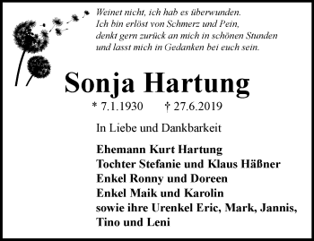 Traueranzeige von Sonja Hartung von Ostthüringer Zeitung