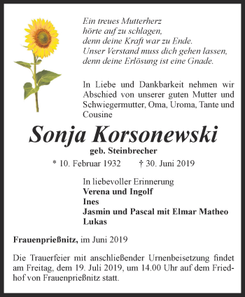 Traueranzeige von Sonja Korsonewski von Ostthüringer Zeitung, Thüringische Landeszeitung