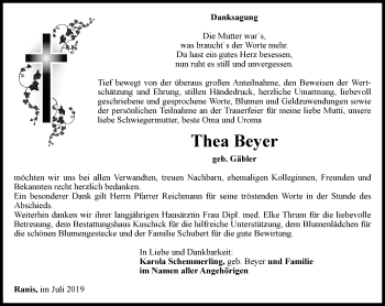 Traueranzeige von Thea Beyer von Ostthüringer Zeitung