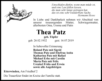 Traueranzeige von Thea Patz von Thüringer Allgemeine, Thüringische Landeszeitung