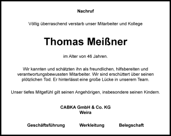 Traueranzeige von Thomas Meißner von Ostthüringer Zeitung