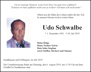 Traueranzeige von Udo Schwalbe von Ostthüringer Zeitung, Thüringische Landeszeitung