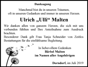 Traueranzeige von Ulrich Malten von Ostthüringer Zeitung, Thüringische Landeszeitung