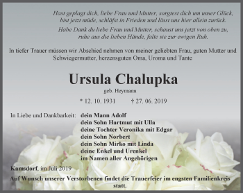 Traueranzeige von Ursula Chalupka von Ostthüringer Zeitung