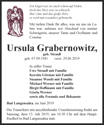 Traueranzeige von Ursula Grabernowitz von Thüringer Allgemeine, Thüringische Landeszeitung