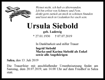 Traueranzeige von Ursula Siebold von Thüringer Allgemeine