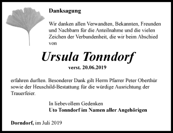 Traueranzeige von Ursula Tonndorf von Ostthüringer Zeitung, Thüringische Landeszeitung