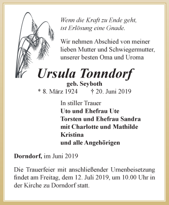 Traueranzeige von Ursula Tonndorf von Ostthüringer Zeitung, Thüringische Landeszeitung