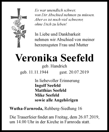 Traueranzeige von Veronika Seefeld von Thüringer Allgemeine, Thüringische Landeszeitung