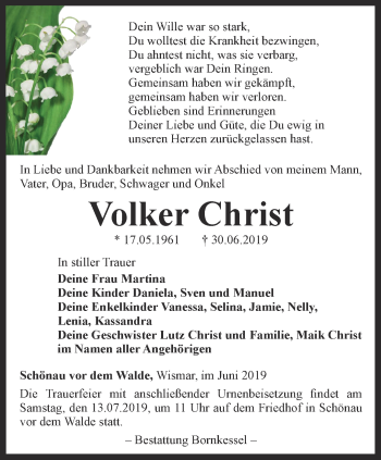 Traueranzeige von Volker Christ von Ostthüringer Zeitung, Thüringische Landeszeitung