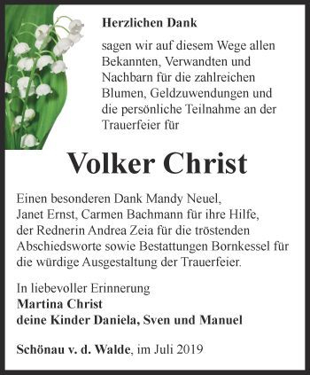 Traueranzeige von Volker Christ von Ostthüringer Zeitung, Thüringische Landeszeitung