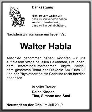 Traueranzeige von Walter Habla von Ostthüringer Zeitung