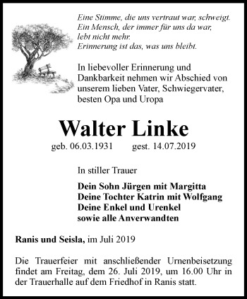 Traueranzeige von Walter Linke von Ostthüringer Zeitung