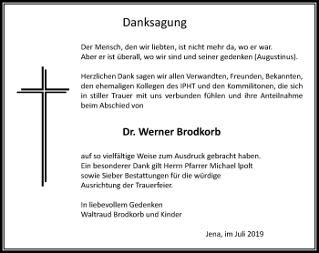 Traueranzeige von Werner Brodkorb von Ostthüringer Zeitung, Thüringische Landeszeitung