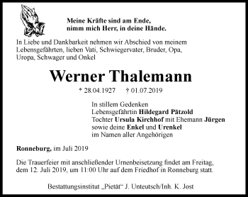 Traueranzeige von Werner Thalemann von Ostthüringer Zeitung