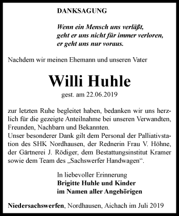 Traueranzeige von Willi Huhle von Thüringer Allgemeine
