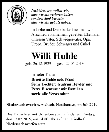 Traueranzeige von Willi Huhle von Thüringer Allgemeine