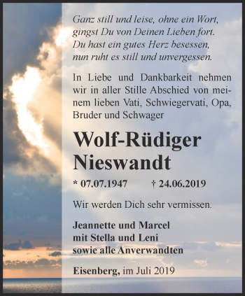 Traueranzeige von Wolf-Rüdiger Nieswandt von Ostthüringer Zeitung