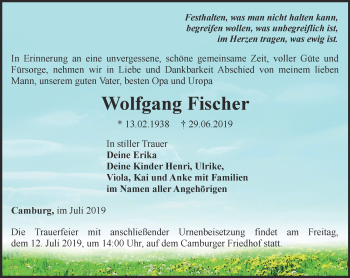 Traueranzeige von Wolfgang Fischer von Ostthüringer Zeitung, Thüringische Landeszeitung