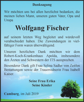 Traueranzeige von Wolfgang Fischer von Ostthüringer Zeitung, Thüringische Landeszeitung